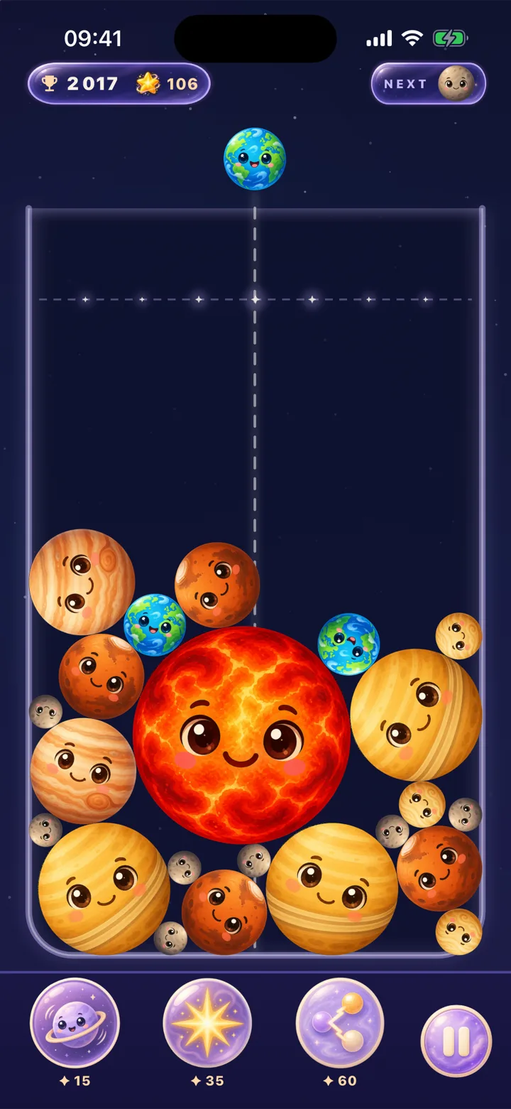 Astrofuse mid-run: a glowing Sun sits in the center of the jar surrounded by Jupiters, Saturns, Mars and Earths, score 2017