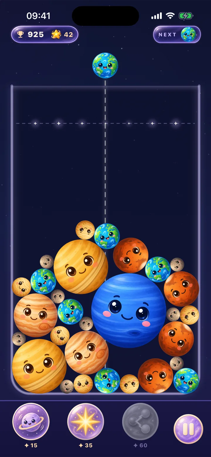 Astrofuse late run: a large Neptune and Uranus dominate a crowded jar as the pile nears the dashed limit line