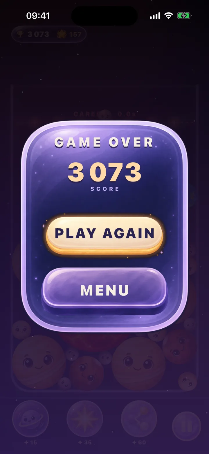 Astrofuse game over card with score, Play Again and Menu buttons