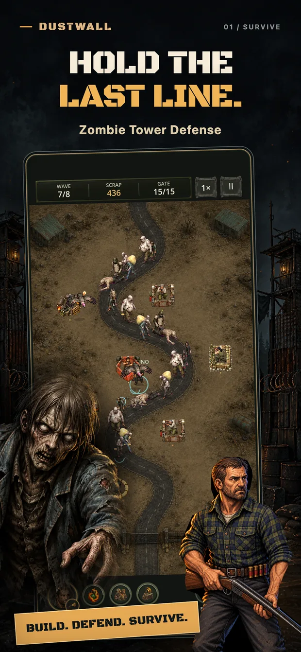 Dustwall battle: defenses firing at a zombie horde on a desert road