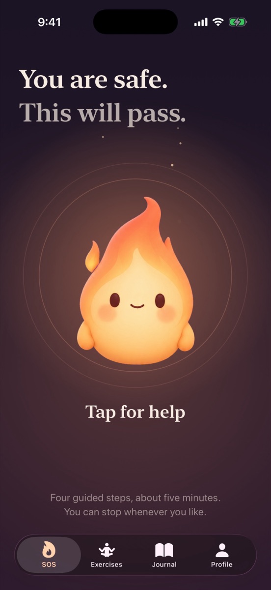 Panic Pilot SOS screen: the flame companion and the words You are safe, This will pass