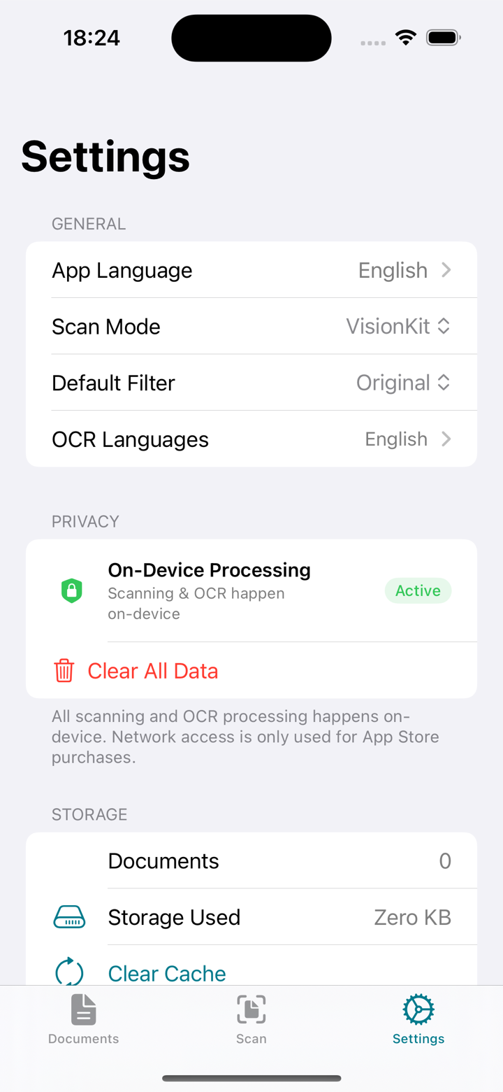 PaperGuard settings showing a Privacy section with on-device processing marked active and a Clear All Data option