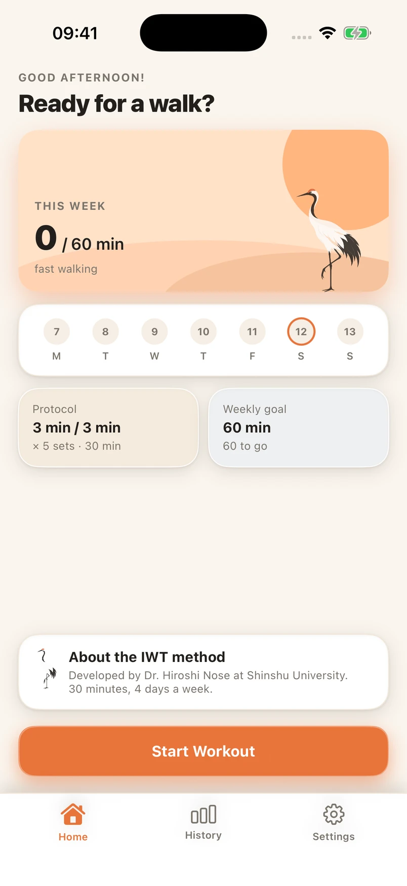 ShinshuCore home screen with weekly walking progress and the Start workout button
