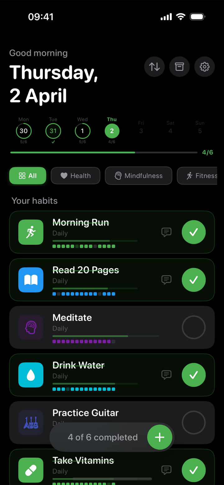 Steady On dashboard: today's habits with completion circles, a week strip, and a 14-day mini heatmap under each habit