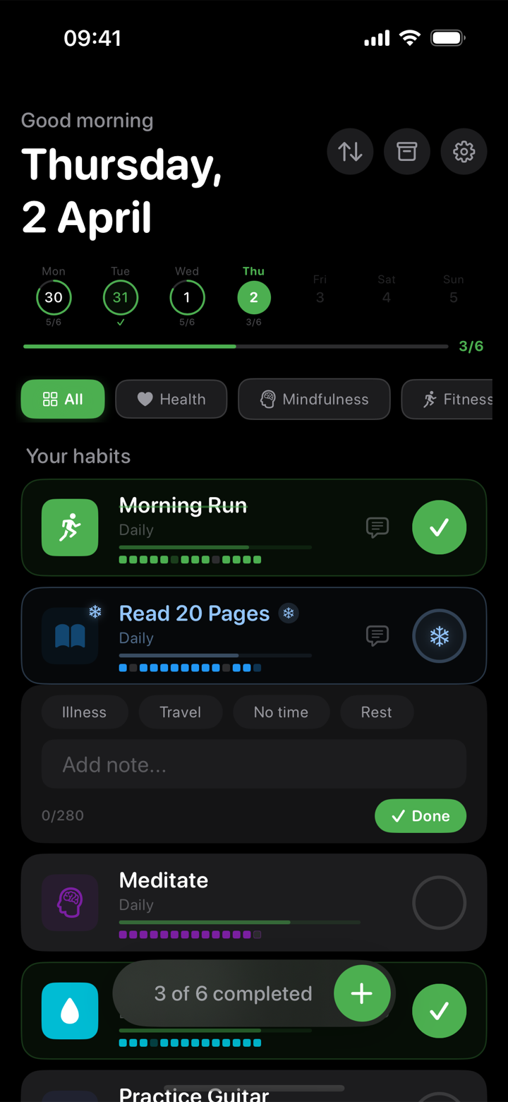 Skipping a habit in Steady On: reason chips for illness, travel, no time, or rest, with an optional note