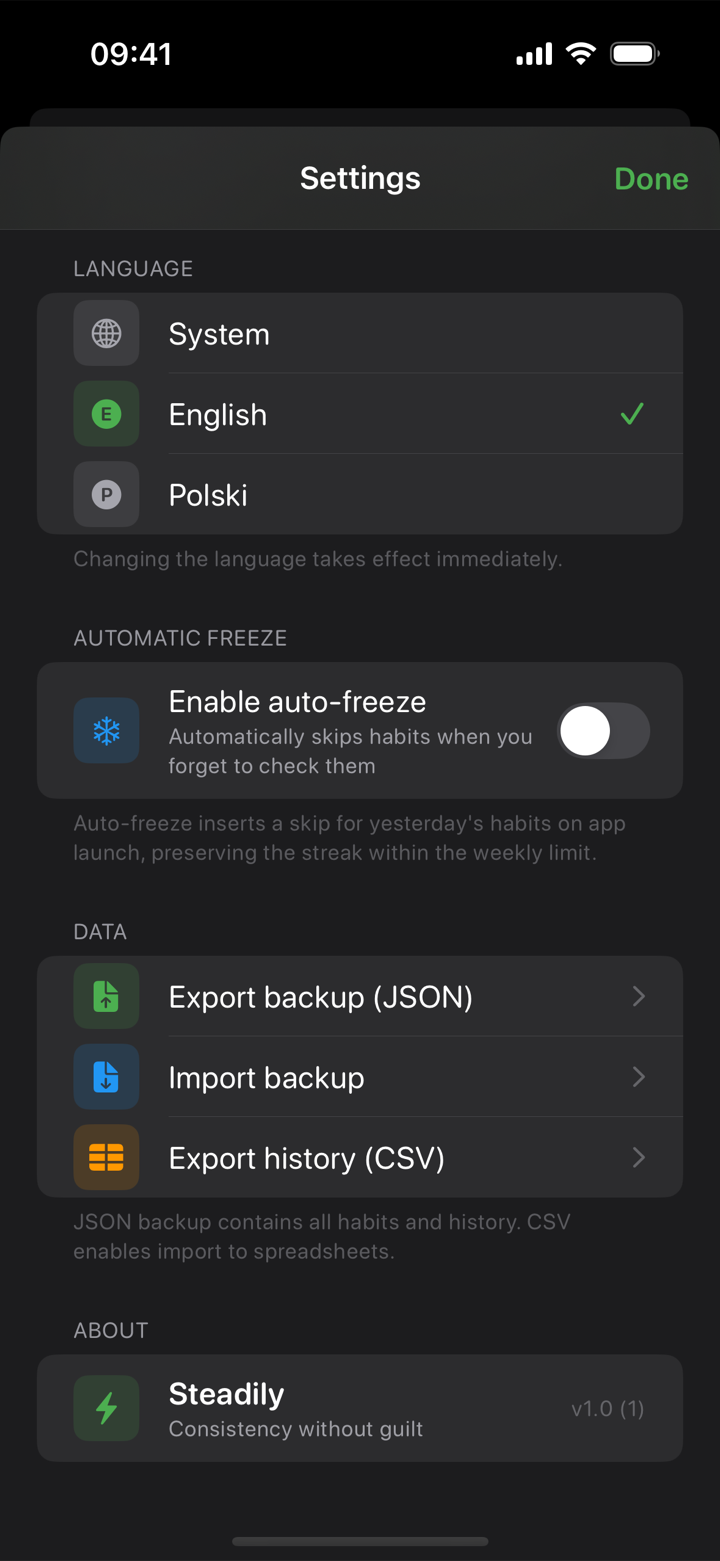 Steady On settings showing local JSON backup export, CSV history export, and import — no account section anywhere