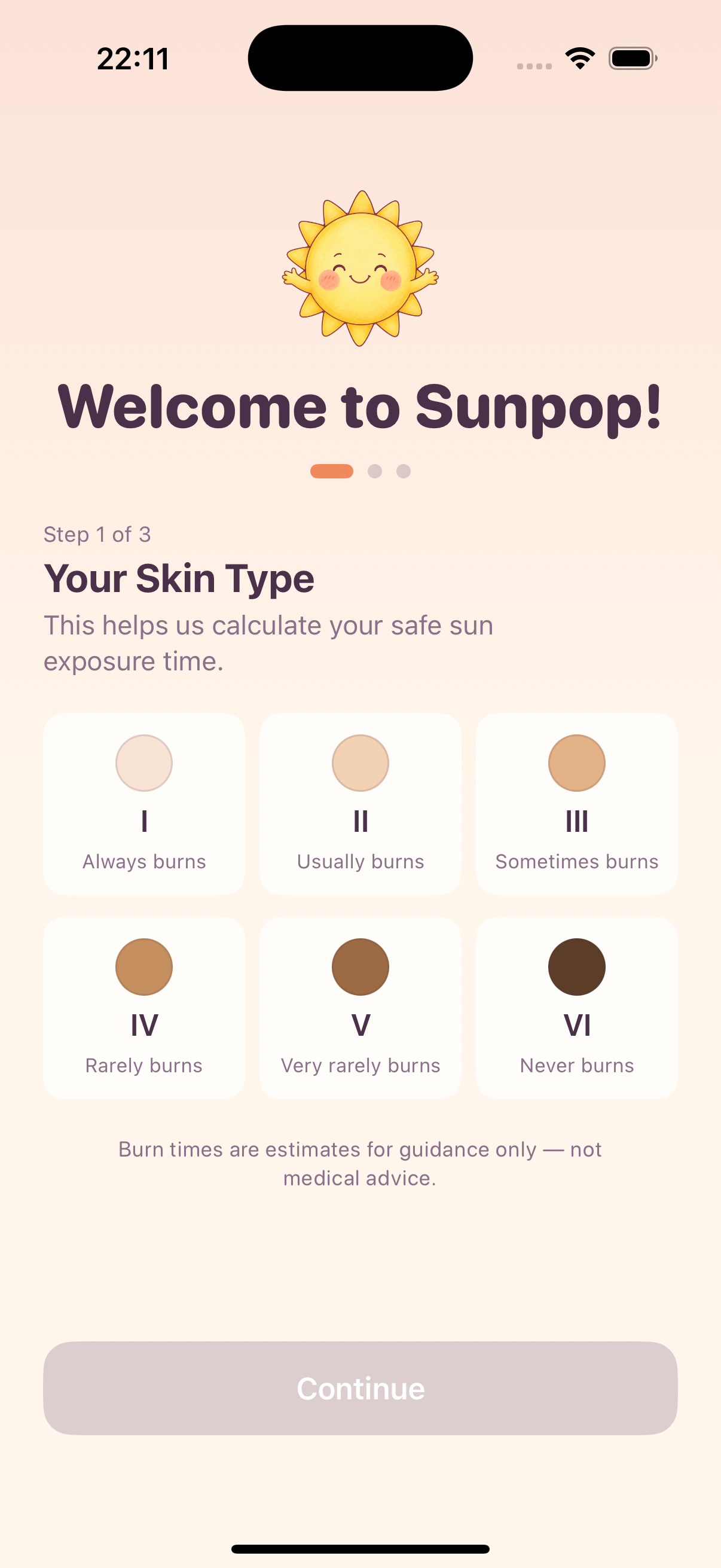 Sunpop onboarding: choosing your Fitzpatrick skin type