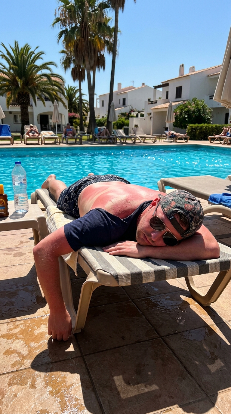 Person resting beside a pool in direct sunlight