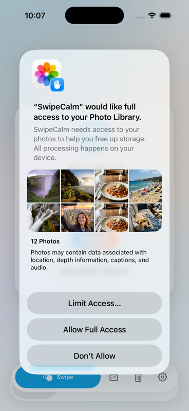 SwipeCalm photo access screen
